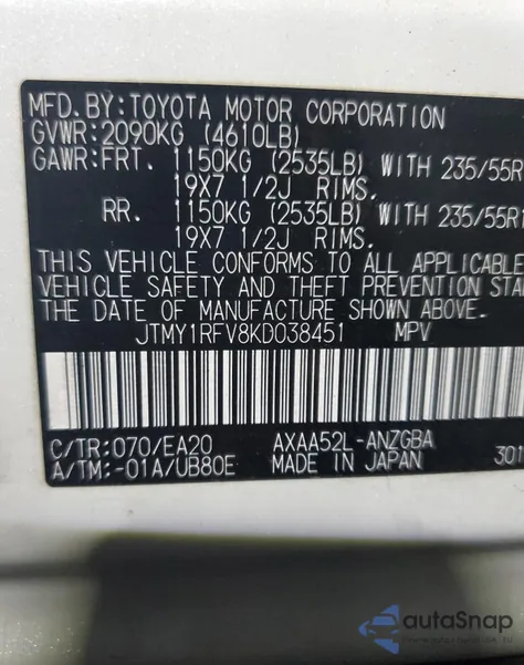 2019 Toyota Rav4 Limited z USA, uszkodzony, nr VIN 038451